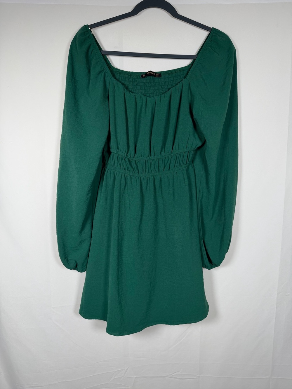 Romantic‎ Regency Emerald Green Long Sleeve Smocked Waist Square Neck Dress